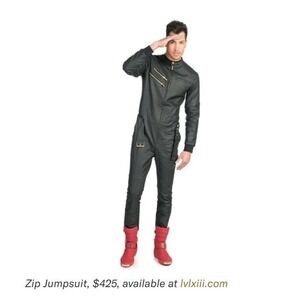 LVL XIII Black Coated‎ Zip Jumpsuit Convertible Sleeves Moto Flight Suit Men's L